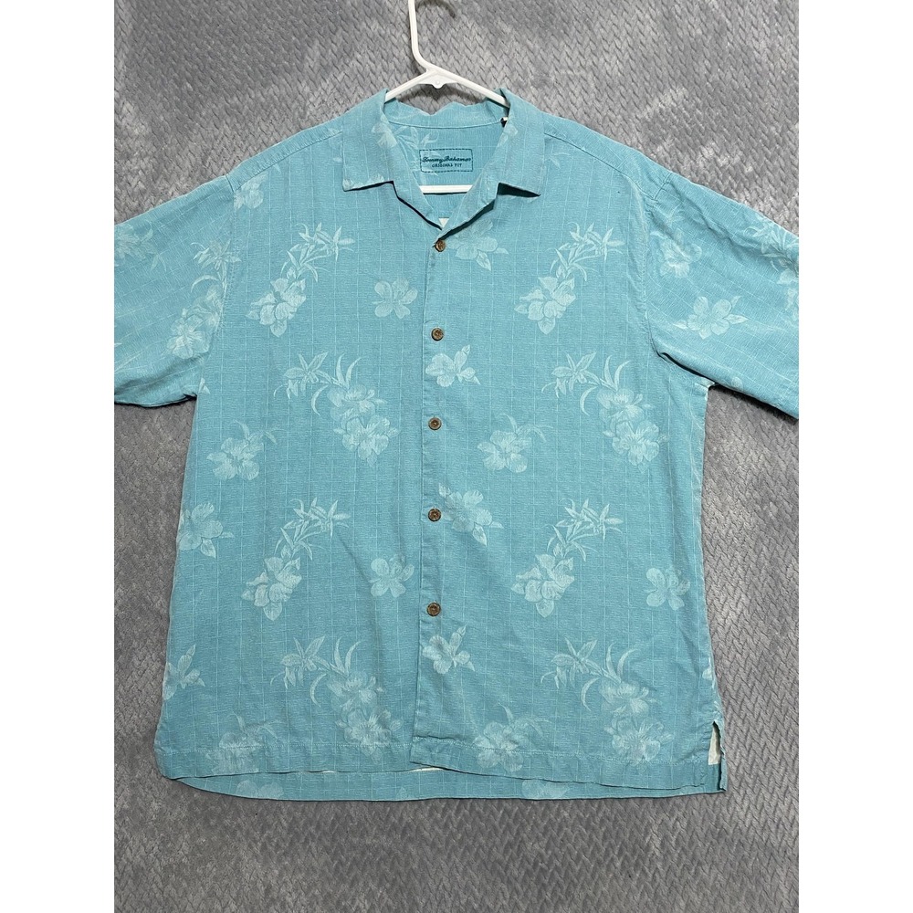 Tommy Bahama Shirt Mens Large Blue Silk Hawaiian Floral Button Up (WITH‎ FLAW)